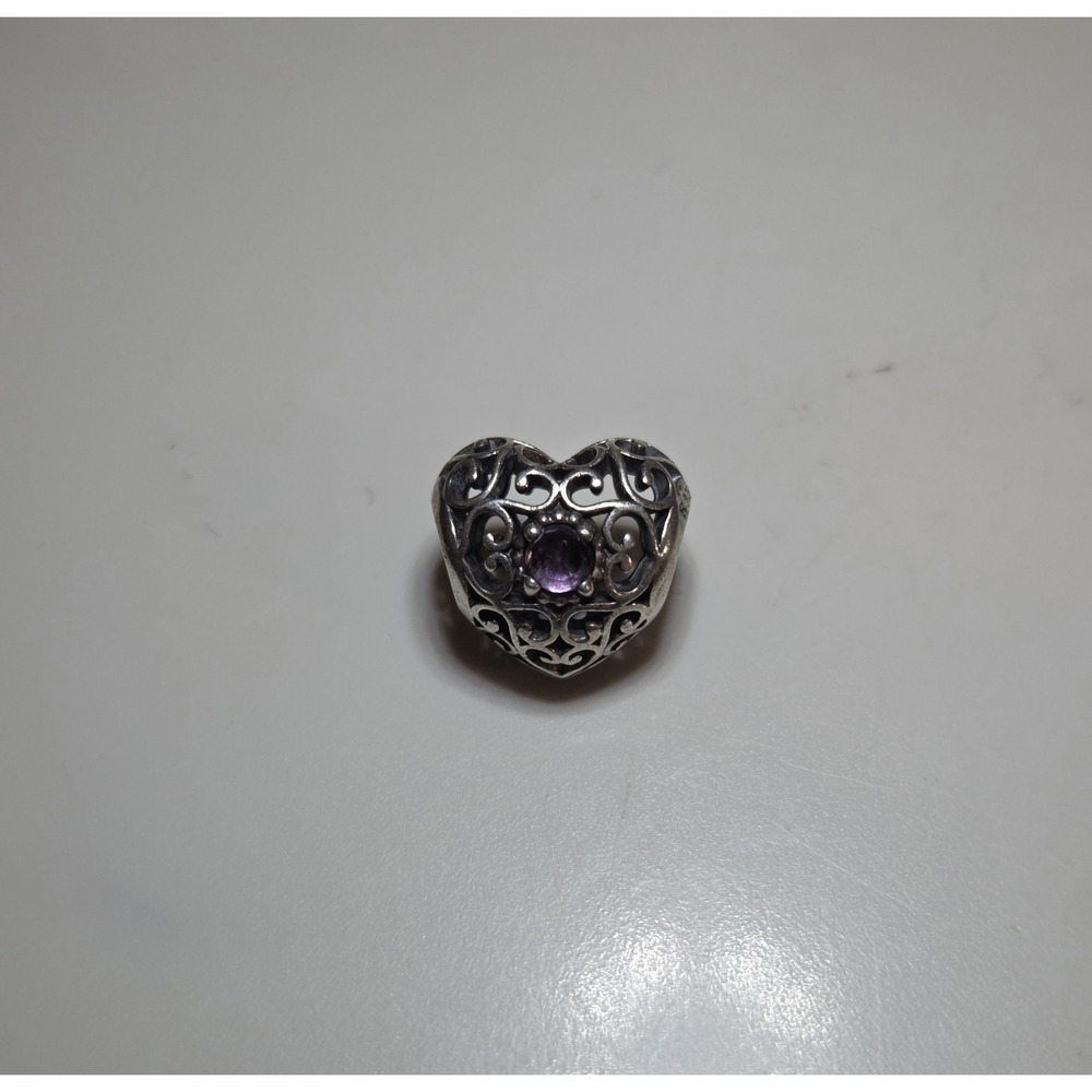 Authentic Pandora Sterling Silver February Signature Heart Birthstone Charm